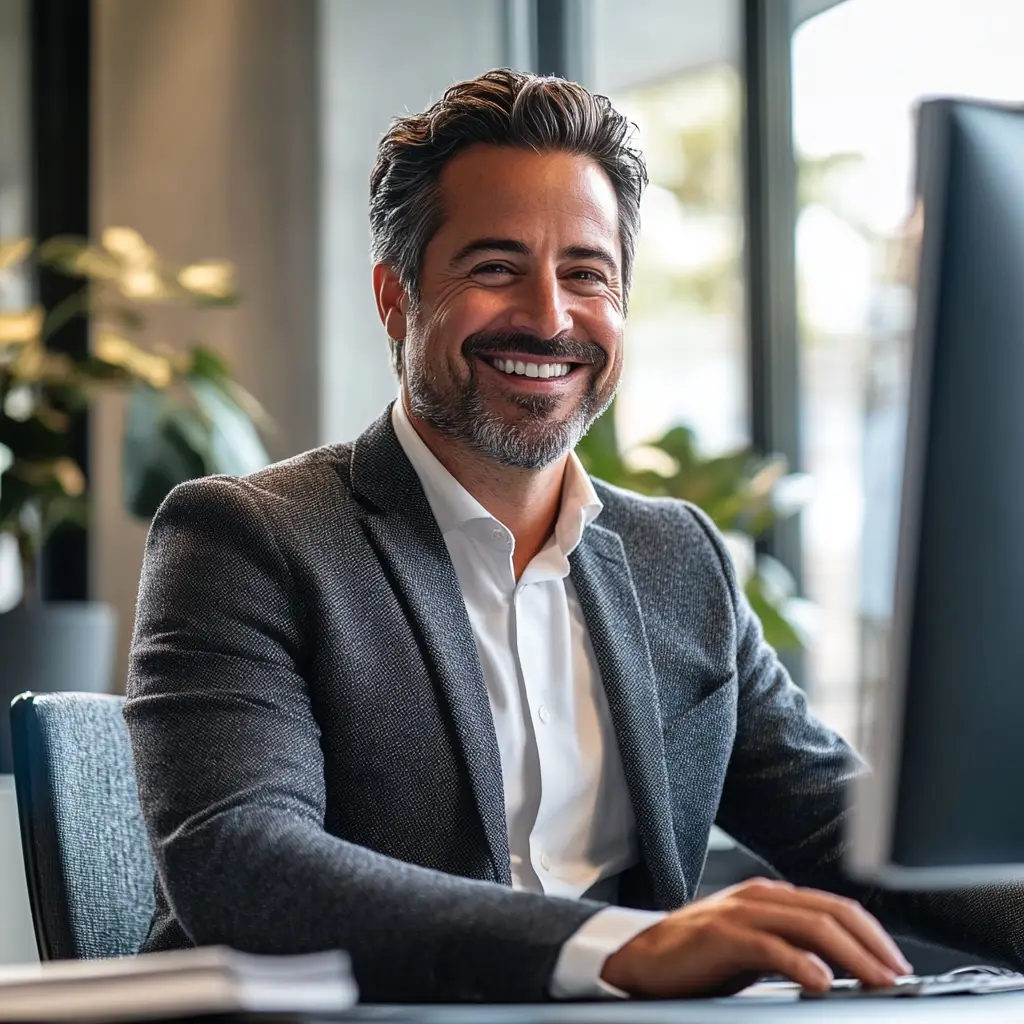 A smiling man with short, dark hair and a beard sits at a desk in an office of Light Side Wellness Co., wearing a gray blazer and white shirt. A computer monitor is in front of him, and large windows along with green plants enhance the setting's warm ambiance.