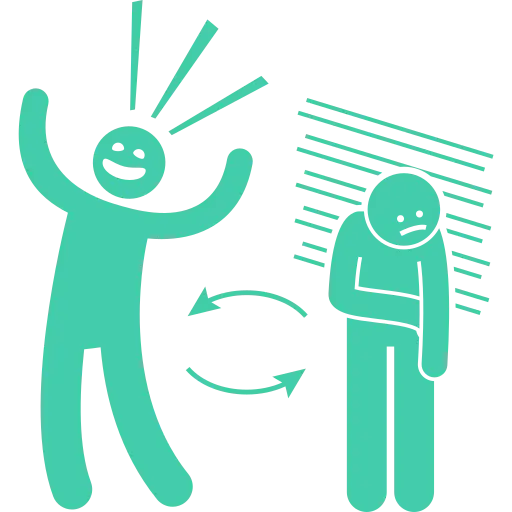 A turquoise icon features two figures: one joyfully raising arms with emphasis lines, the other slumped in sadness. Arrows between them suggest an emotional exchange, capturing the essence of Light Side Wellness Co's approach to mental health and well-being, including conditions like ADHD.