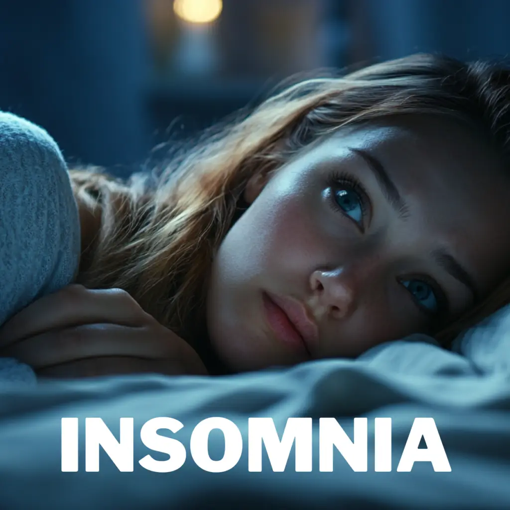 A woman with long hair lies awake in bed, looking thoughtful in a dimly lit room. The word "INSOMNIA" is prominently displayed at the bottom in bold white letters, hinting at her struggle. Light Side Wellness Co offers Portland therapy sessions to guide her through ADHD and sleepless nights.