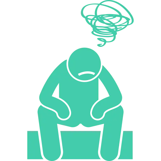 A teal stick figure sits hunched over on a bench, with a sad expression. A swirling scribble above its head suggests confusion or distress, perhaps reflecting the challenges of ADHD. In Portland therapy sessions at Light Side Wellness Co, individuals find clarity and support amid the gray background of life.