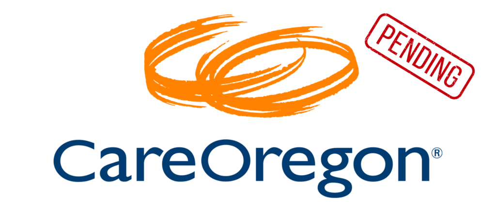 CareOregon logo with two intertwined orange circles above the name in dark blue text. A red stamp with the word "PENDING" is overlaid in the upper right corner.