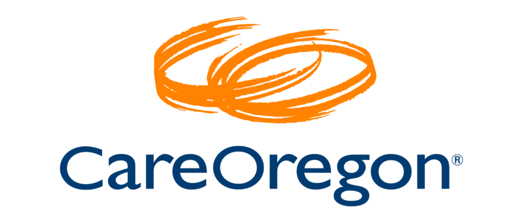 The image features the CareOregon logo, consisting of two orange, swirling brushstroke loops above the blue text "CareOregon®".