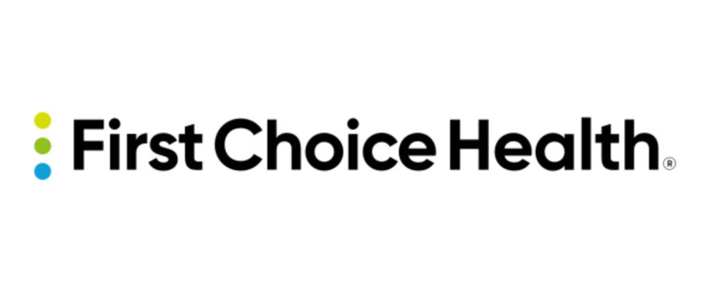 Logo featuring "First Choice Health" in black text. To the left, there are three vertical dots: green on top, yellow in the middle, and blue at the bottom. The background is white.