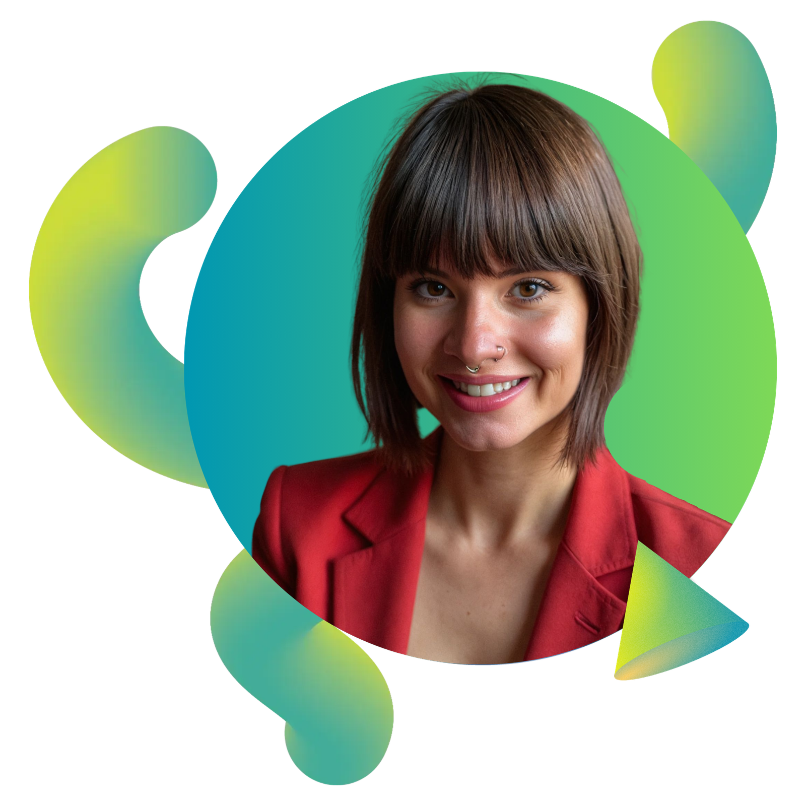 Bronwen Flores A woman with straight brown hair and bangs, wearing a red blazer, smiles at the camera. The background is a green gradient with abstract yellow and green shapes around her.