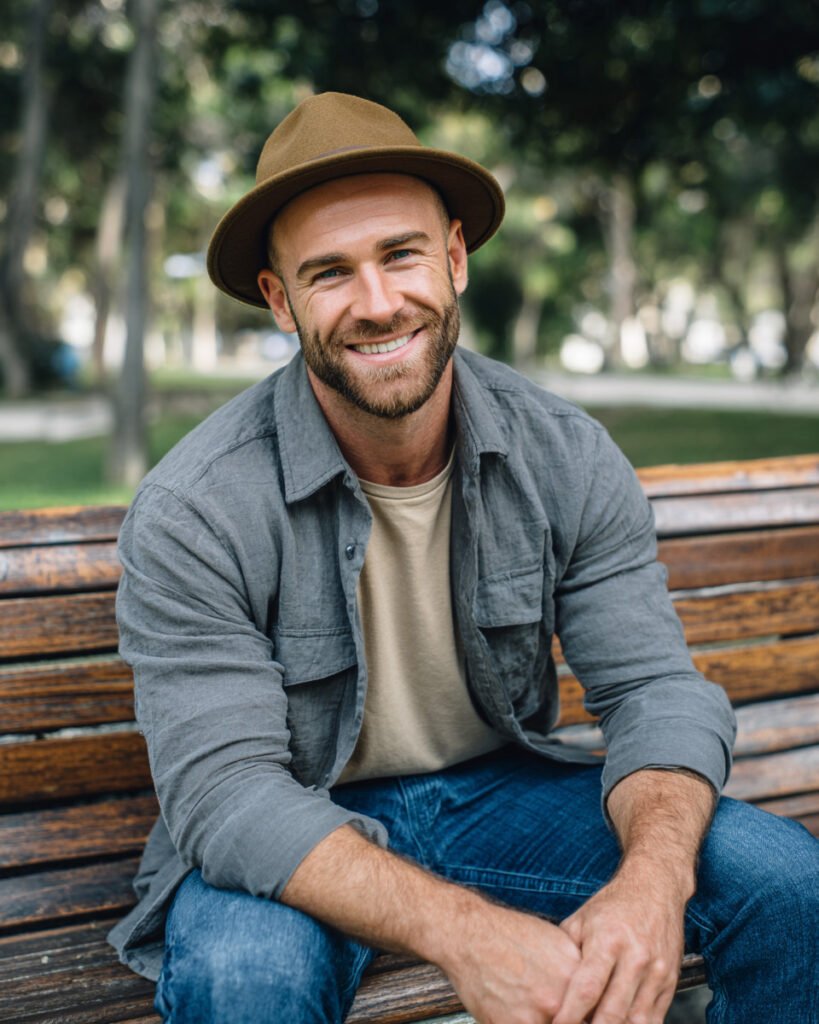 A smiling man with a beard wearing a brown hat, gray shirt, and beige t-shirt sits on a wooden bench in a park with trees and grass in the background feeling good from integrative psychiatry.