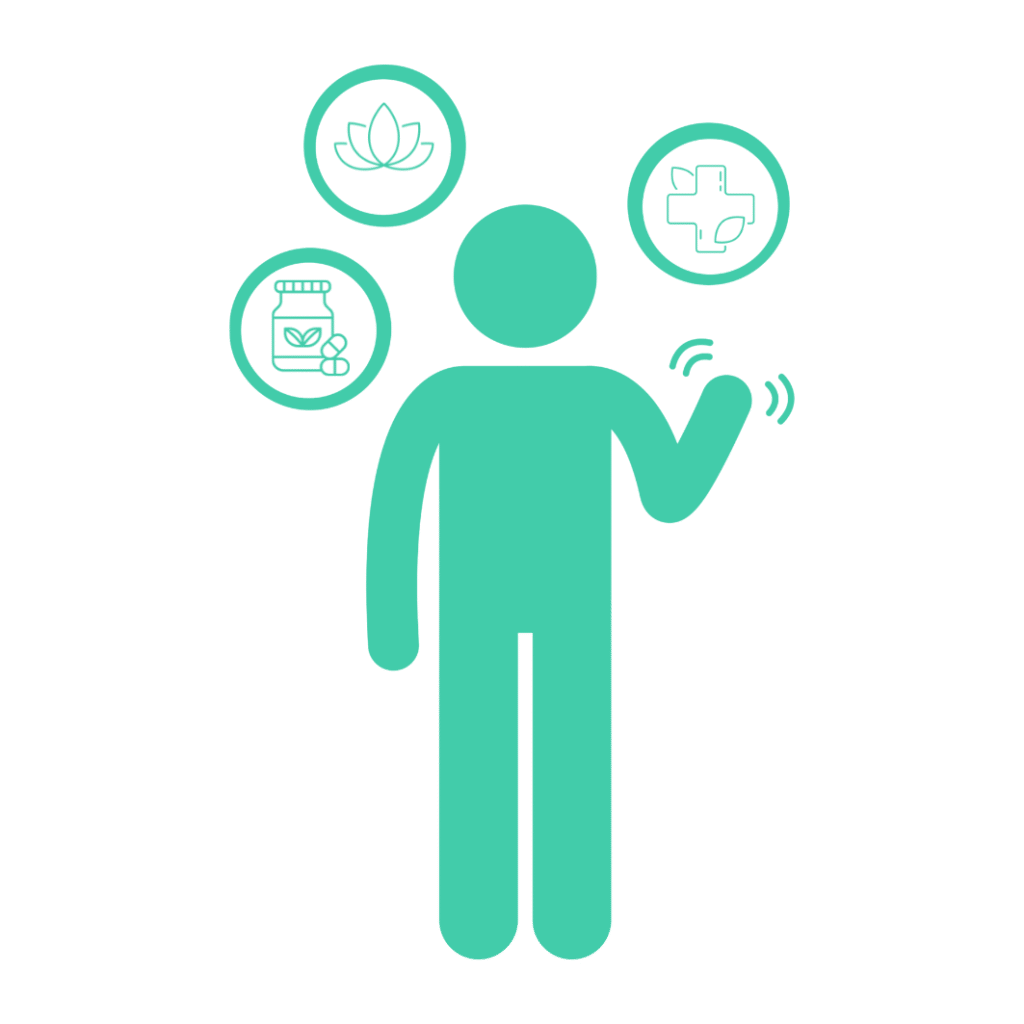 A teal stick figure stands with three health-related icons above: a lotus flower, a medicine jar with leaves, and a cross symbol, representing wellness, supplements, and healthcare and an integrative psychiatry approach to mental health.